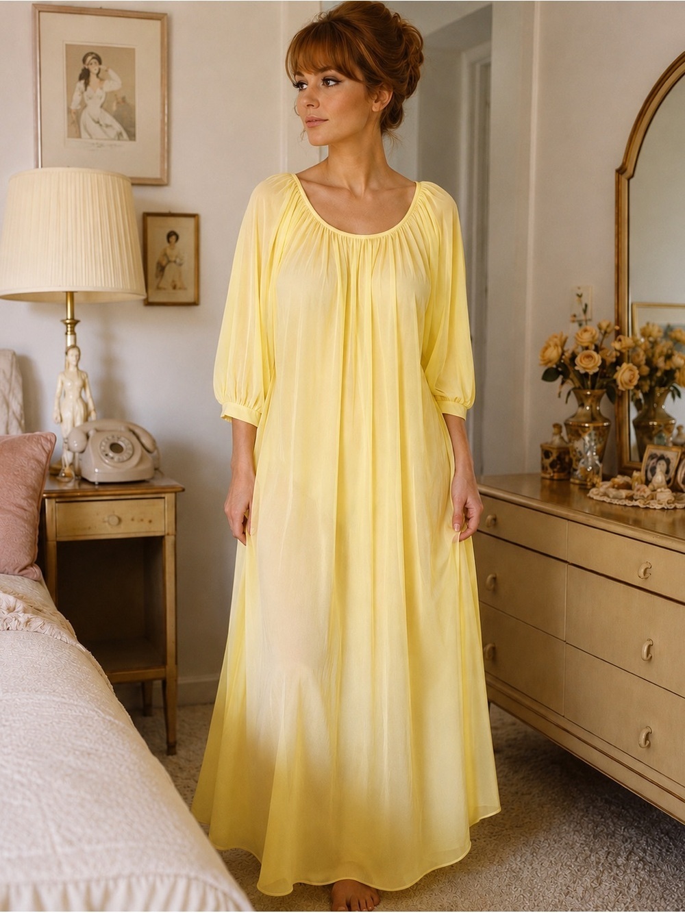 Ro-Vel of California Vintage 1960s Womens Nightgown Sz S Yellow Nylon Bow Back